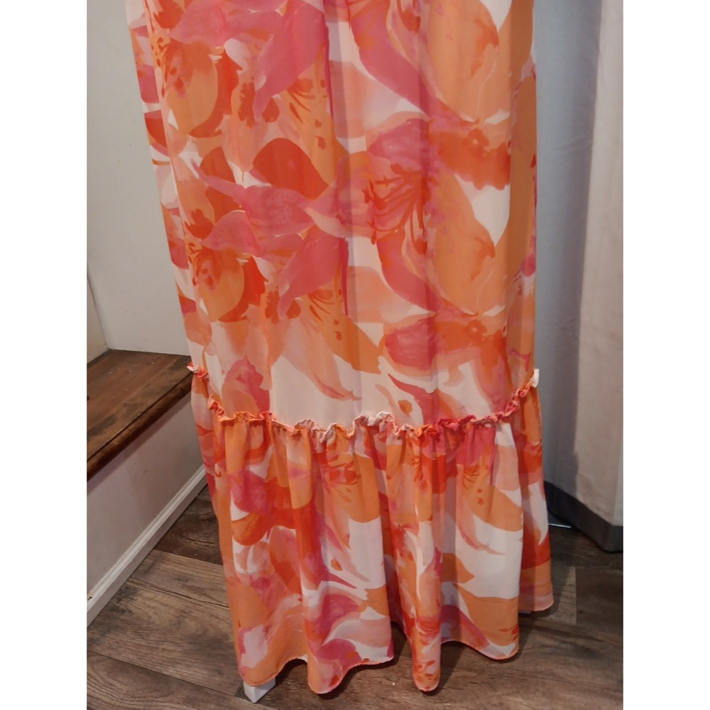 Nicole Miller Tropical Sheer Tiered Maxi Dress Belted Floral Boho XS - Picture 7 of 13